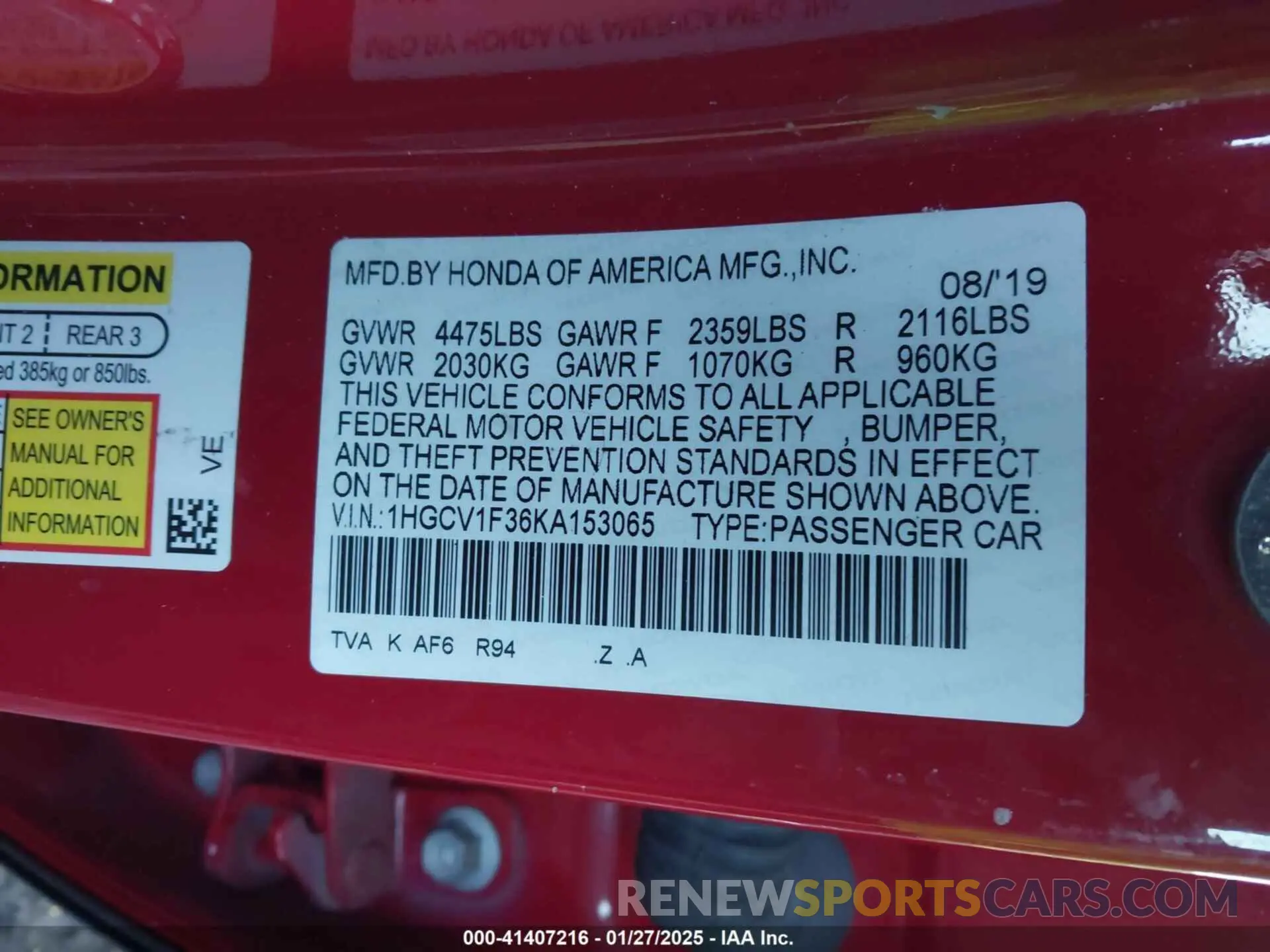 9 Photograph of a damaged car 1HGCV1F36KA153065 HONDA ACCORD 2019