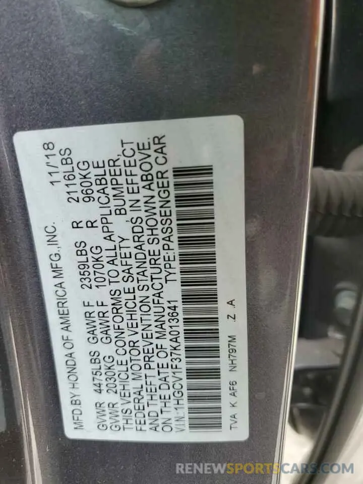 13 Photograph of a damaged car 1HGCV1F37KA013641 HONDA ACCORD 2019