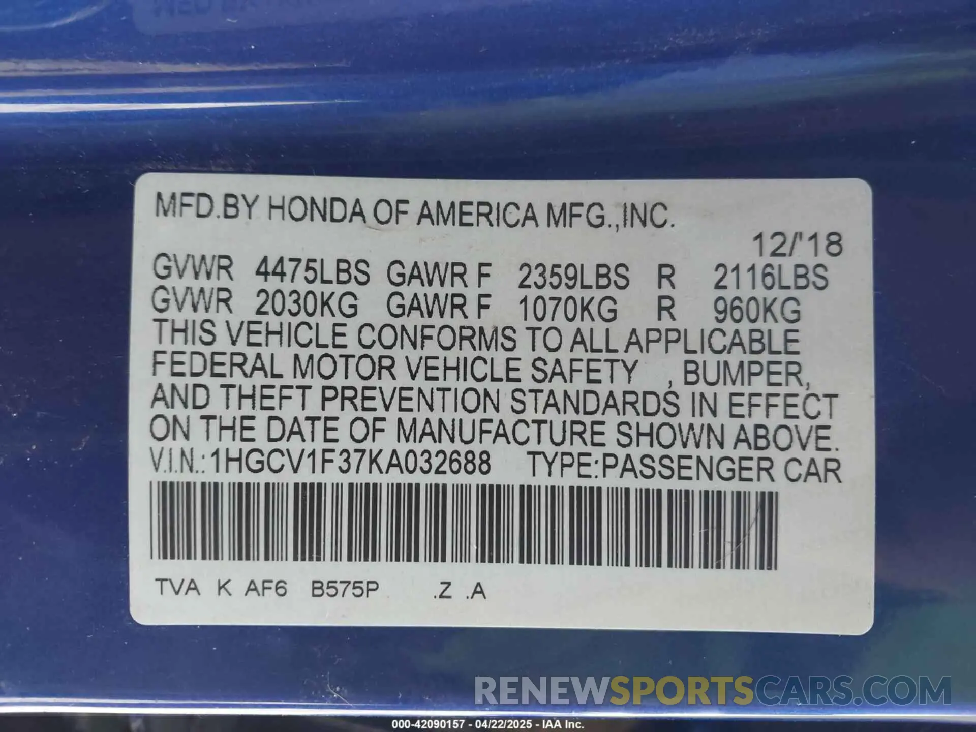 9 Photograph of a damaged car 1HGCV1F37KA032688 HONDA ACCORD 2019