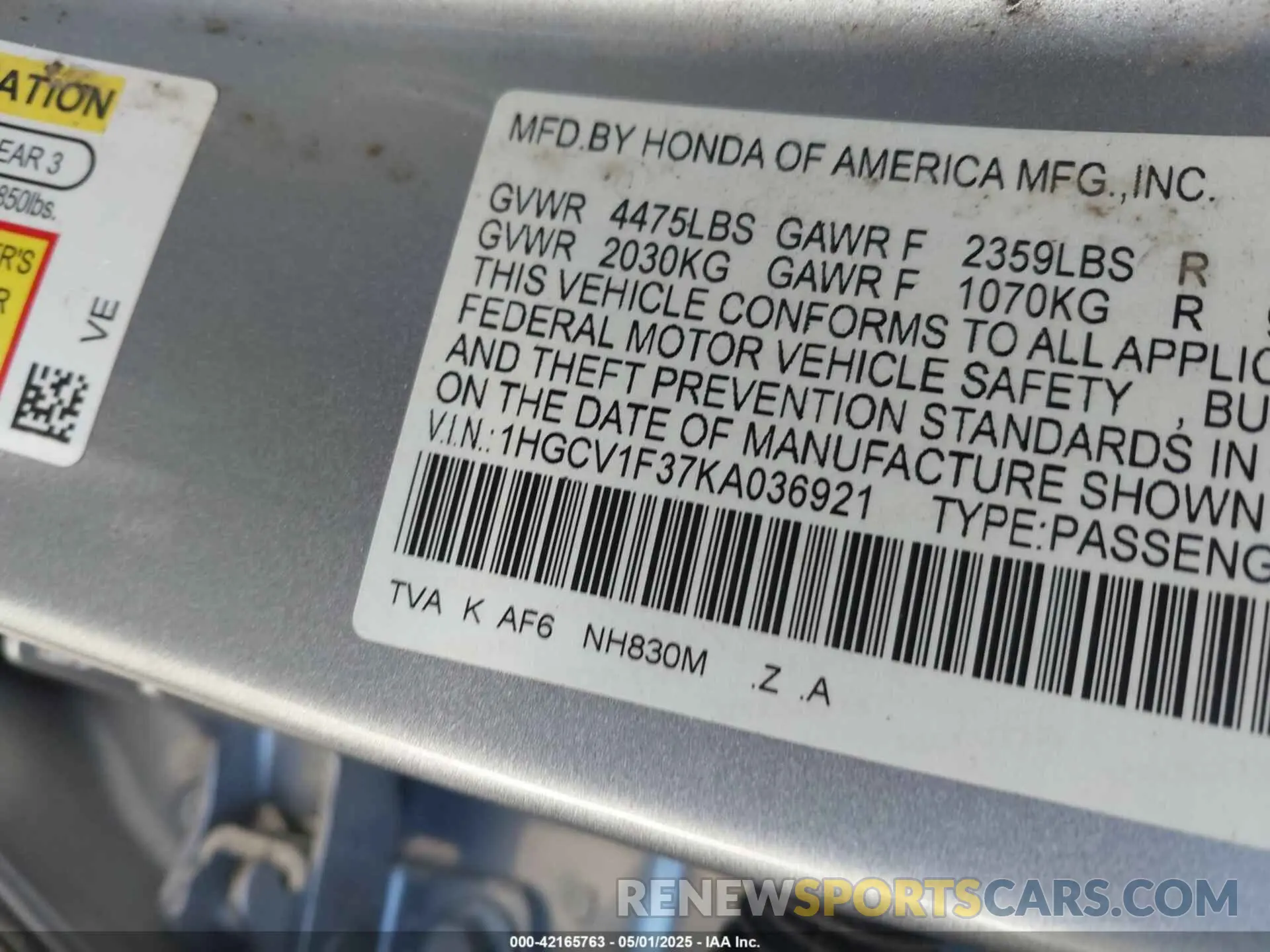 9 Photograph of a damaged car 1HGCV1F37KA036921 HONDA ACCORD 2019