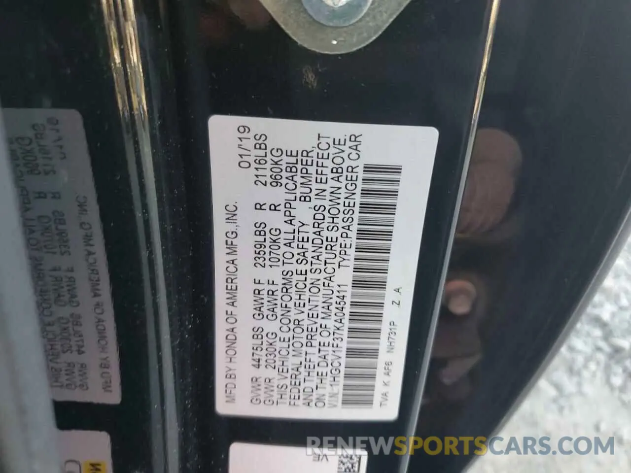 12 Photograph of a damaged car 1HGCV1F37KA045411 HONDA ACCORD 2019