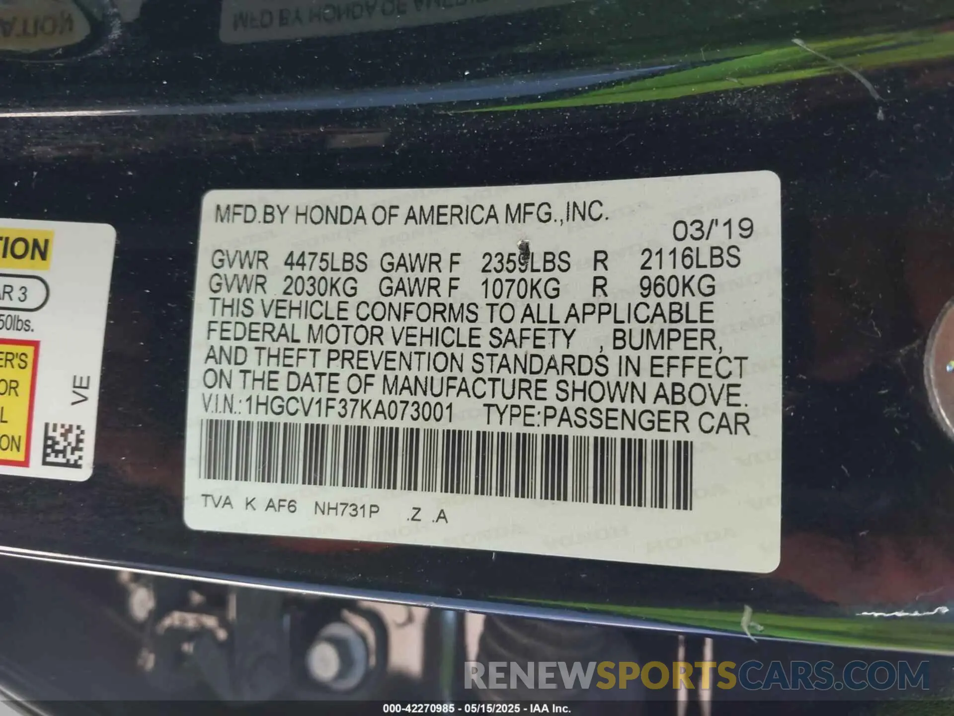 9 Photograph of a damaged car 1HGCV1F37KA073001 HONDA ACCORD 2019