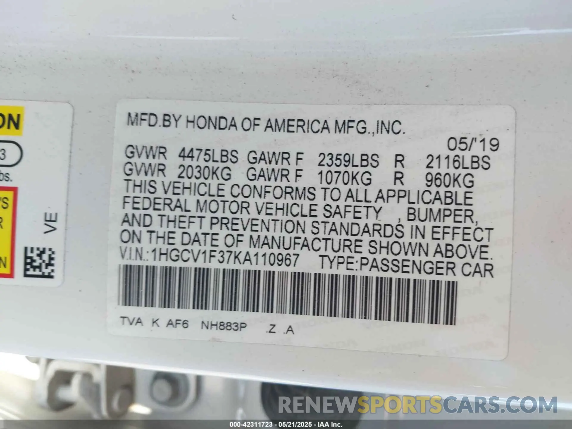 9 Photograph of a damaged car 1HGCV1F37KA110967 HONDA ACCORD 2019