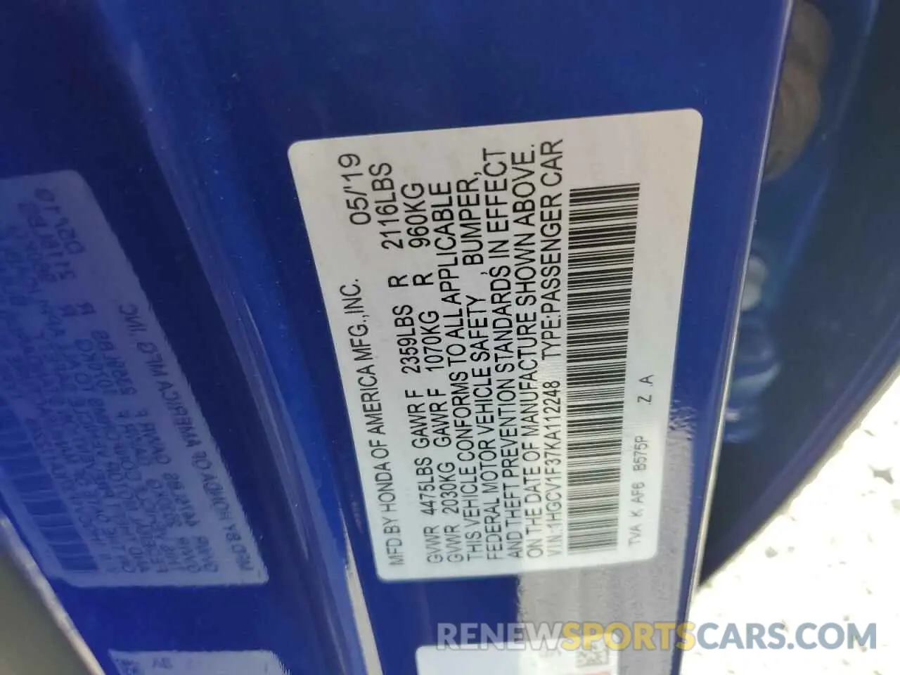 13 Photograph of a damaged car 1HGCV1F37KA112248 HONDA ACCORD 2019