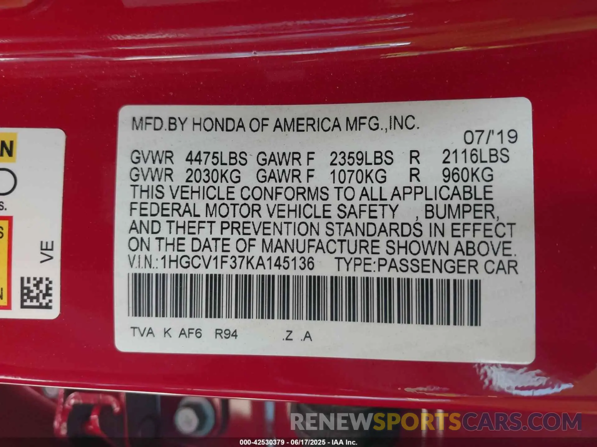 9 Photograph of a damaged car 1HGCV1F37KA145136 HONDA ACCORD 2019
