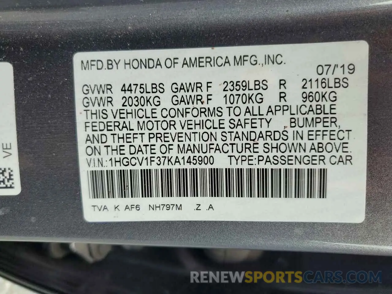 12 Photograph of a damaged car 1HGCV1F37KA145900 HONDA ACCORD 2019