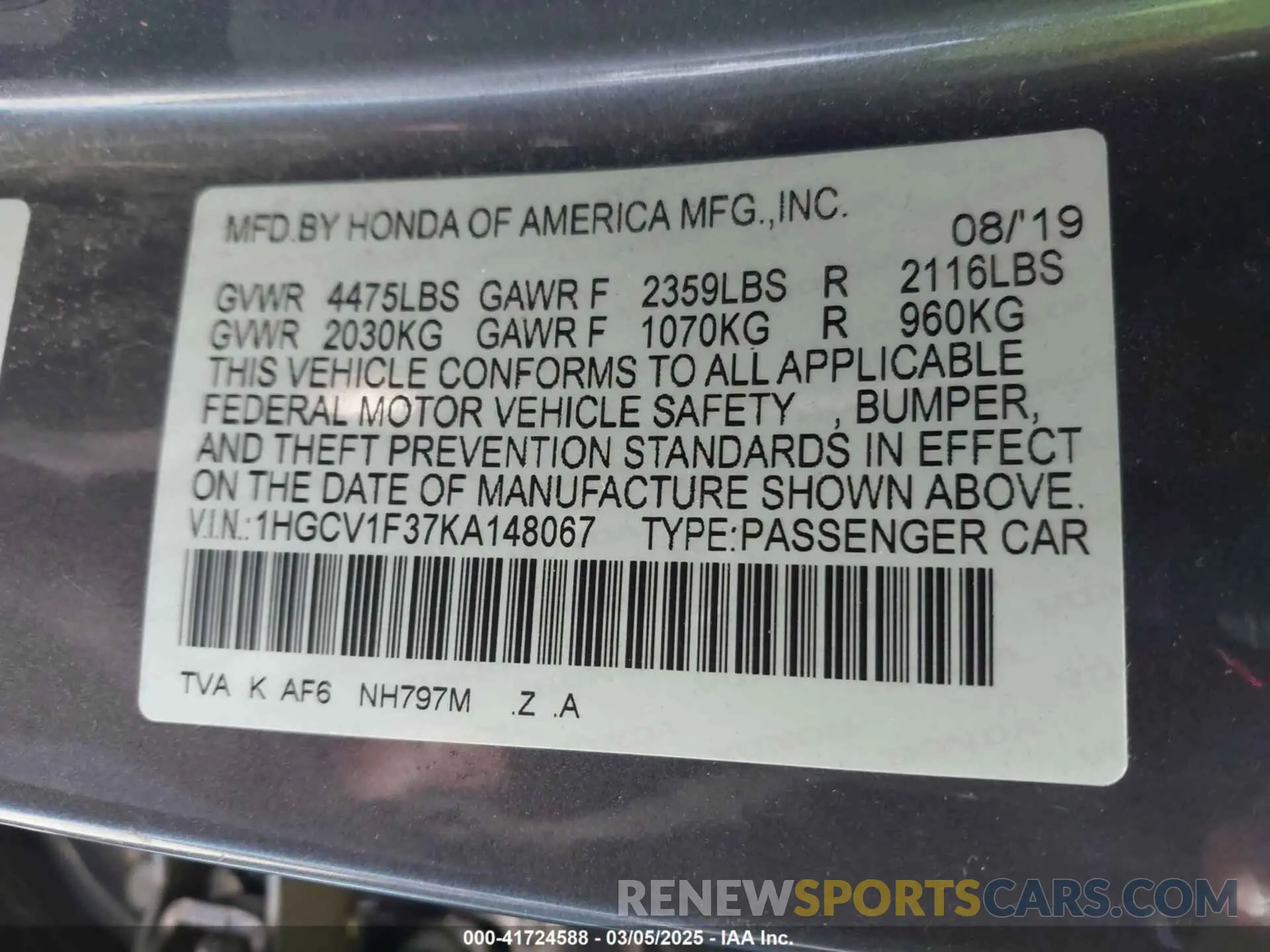 9 Photograph of a damaged car 1HGCV1F37KA148067 HONDA ACCORD 2019