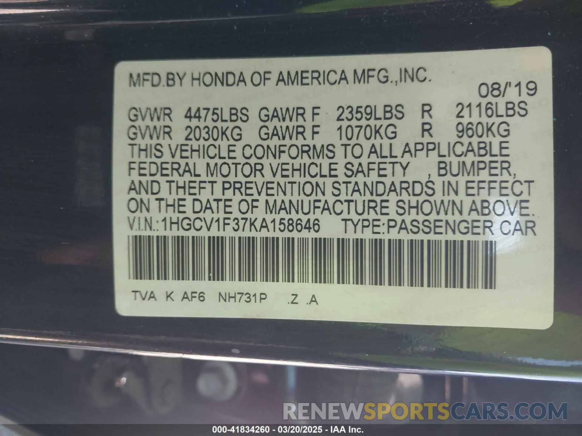 9 Photograph of a damaged car 1HGCV1F37KA158646 HONDA ACCORD 2019
