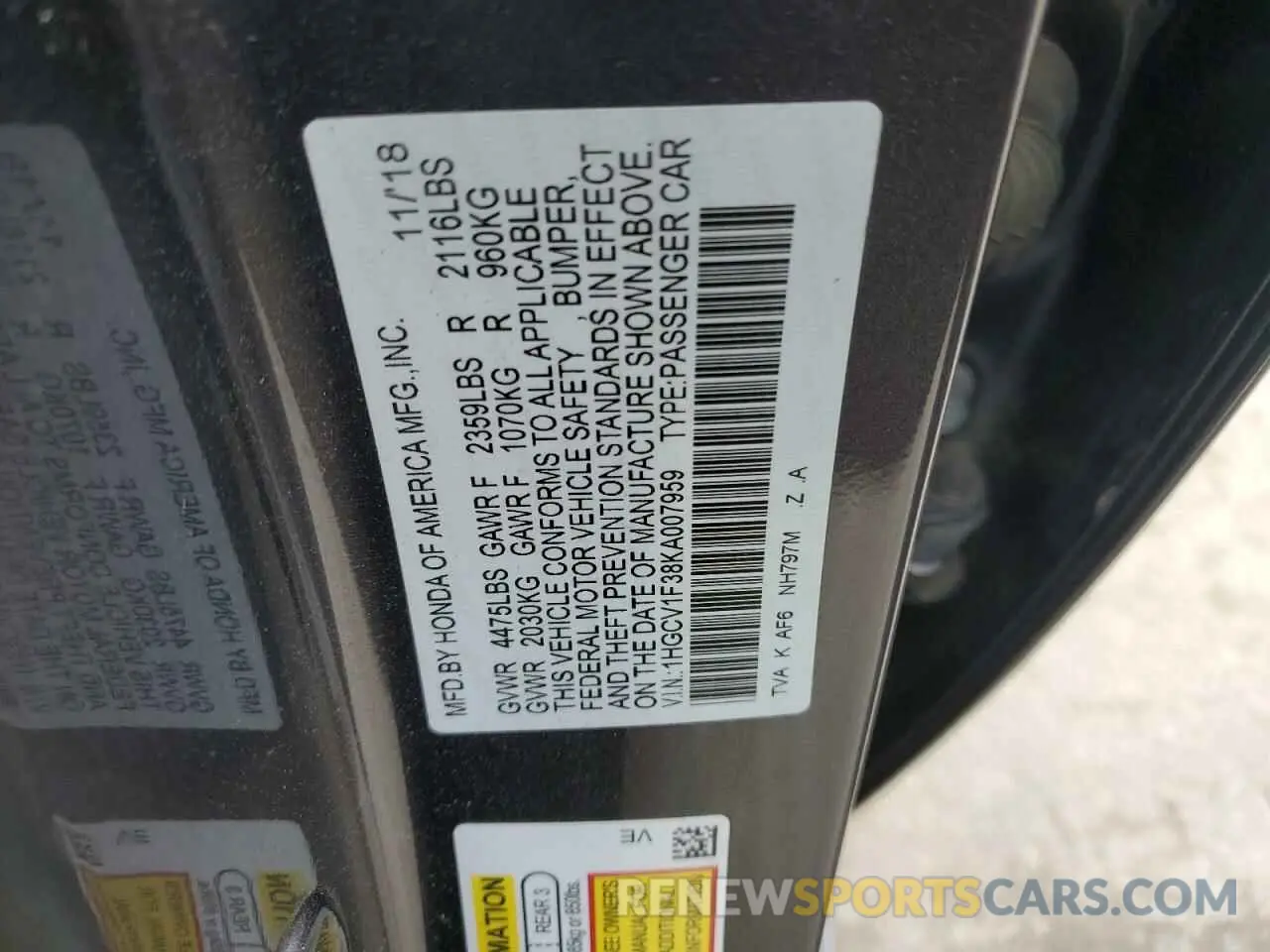 14 Photograph of a damaged car 1HGCV1F38KA007959 HONDA ACCORD 2019