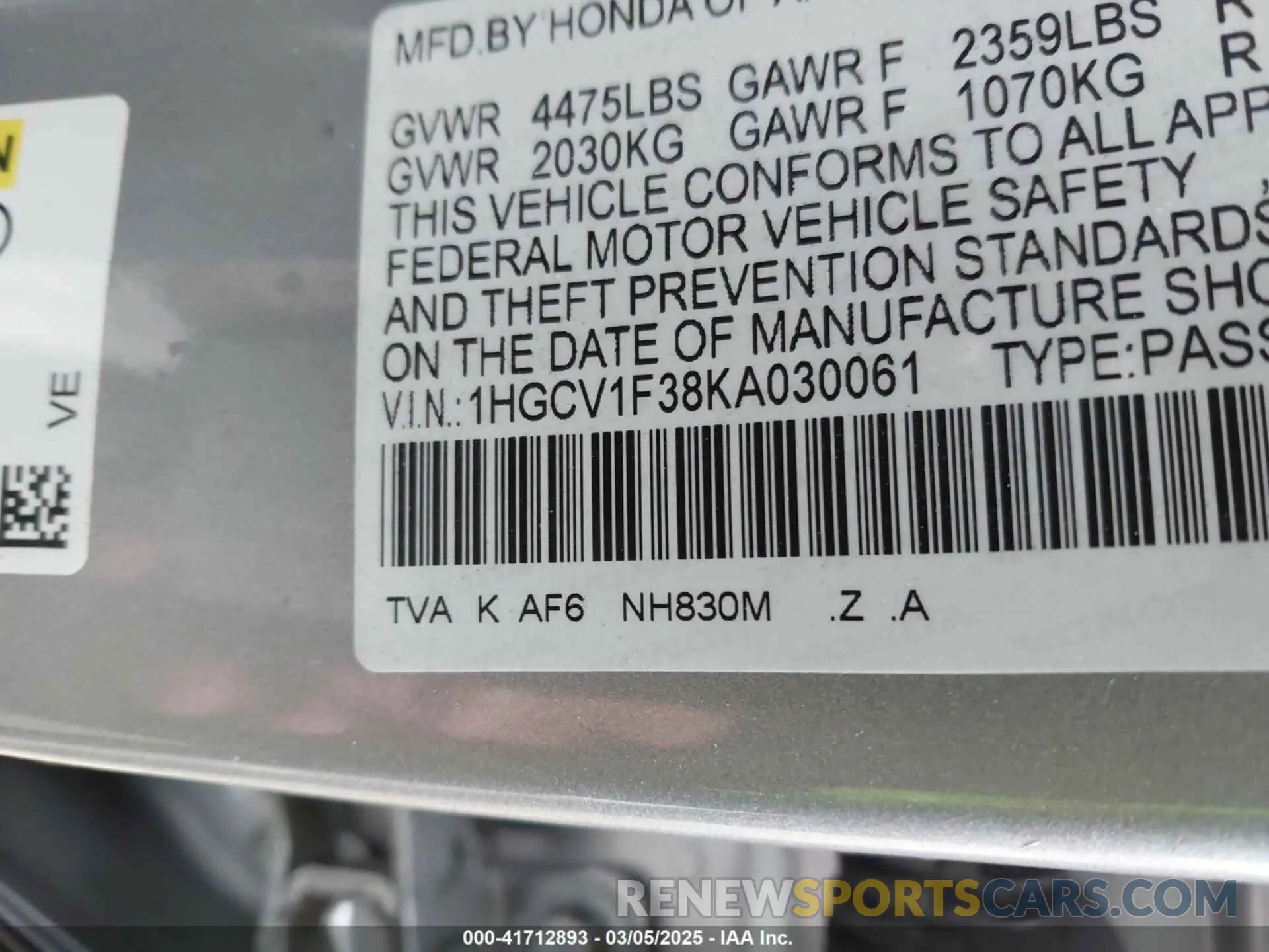 9 Photograph of a damaged car 1HGCV1F38KA030061 HONDA ACCORD 2019