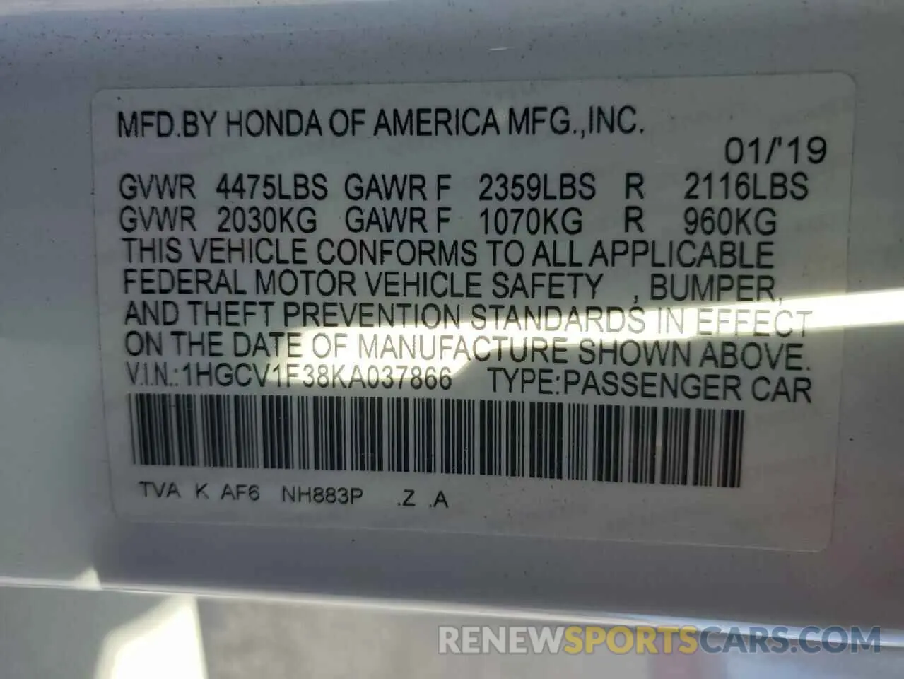 15 Photograph of a damaged car 1HGCV1F38KA037866 HONDA ACCORD 2019