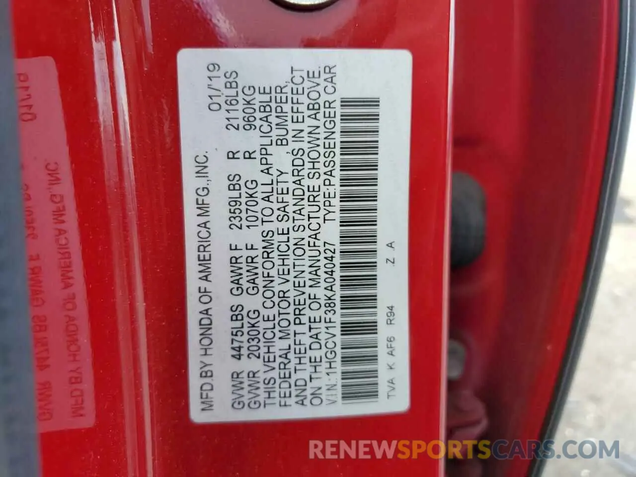 14 Photograph of a damaged car 1HGCV1F38KA040427 HONDA ACCORD 2019