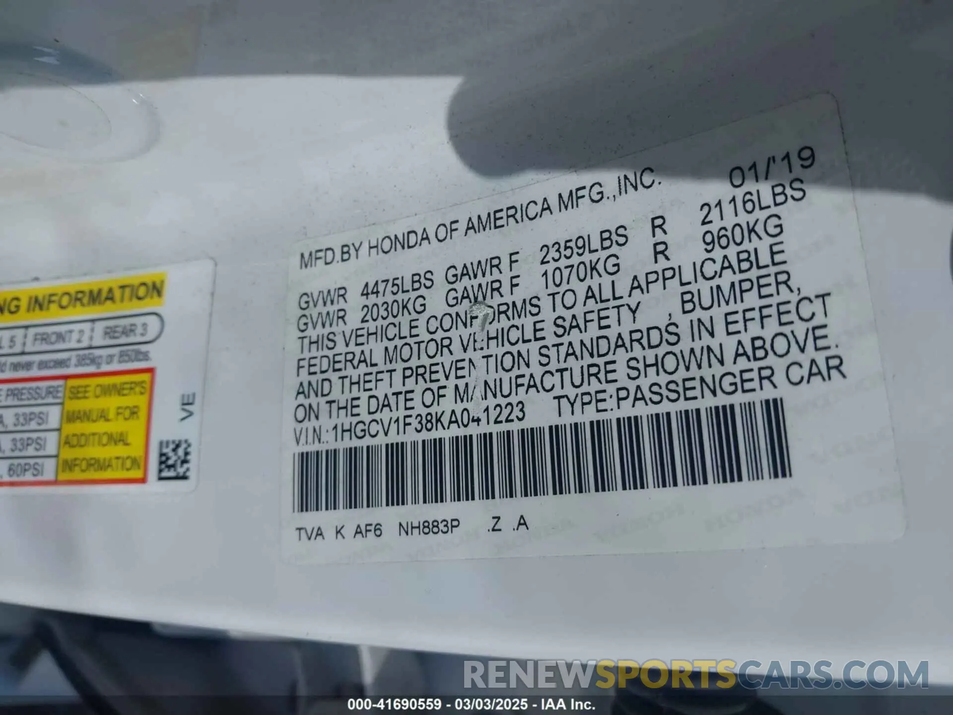 9 Photograph of a damaged car 1HGCV1F38KA041223 HONDA ACCORD 2019
