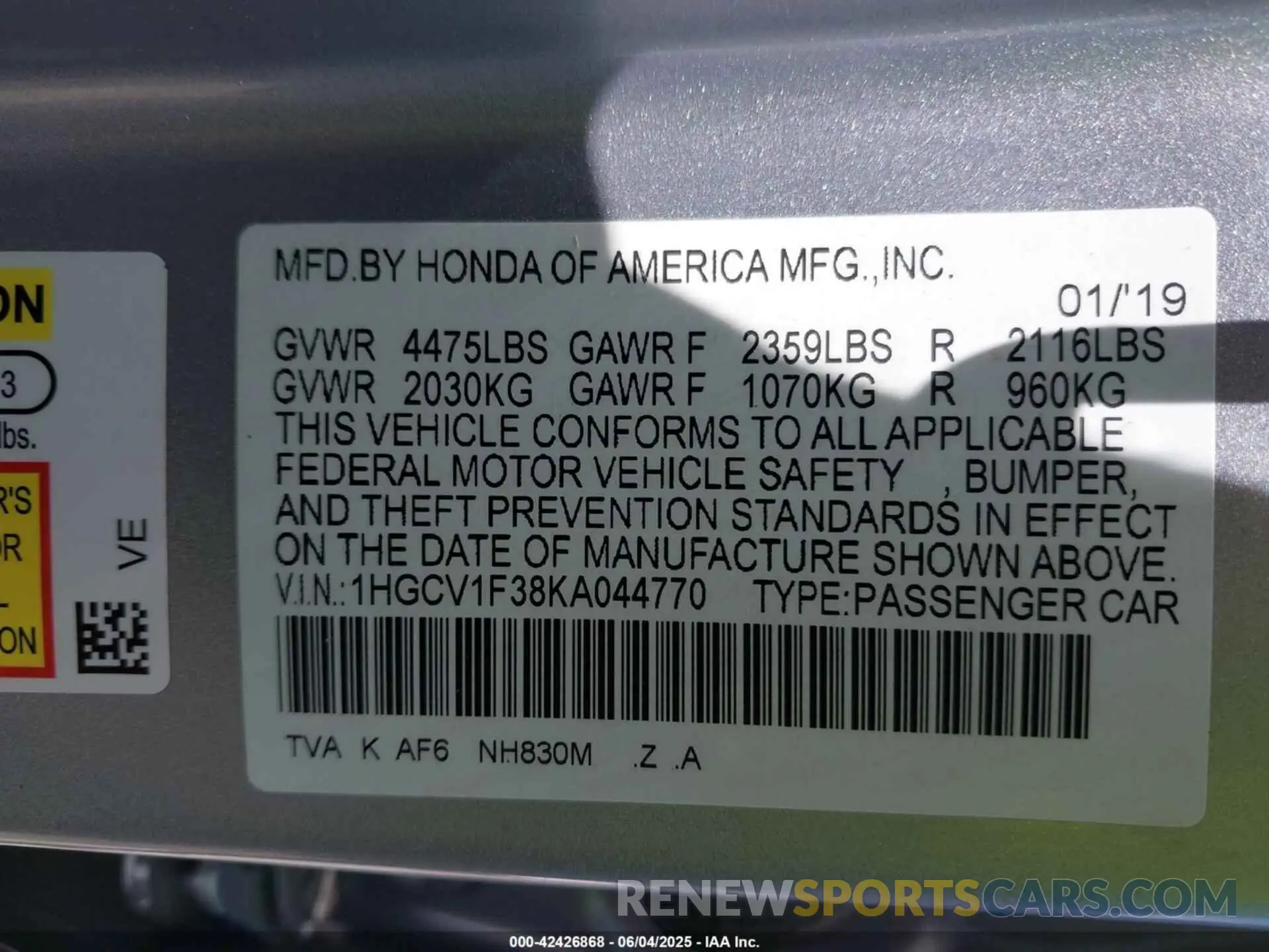 9 Photograph of a damaged car 1HGCV1F38KA044770 HONDA ACCORD 2019