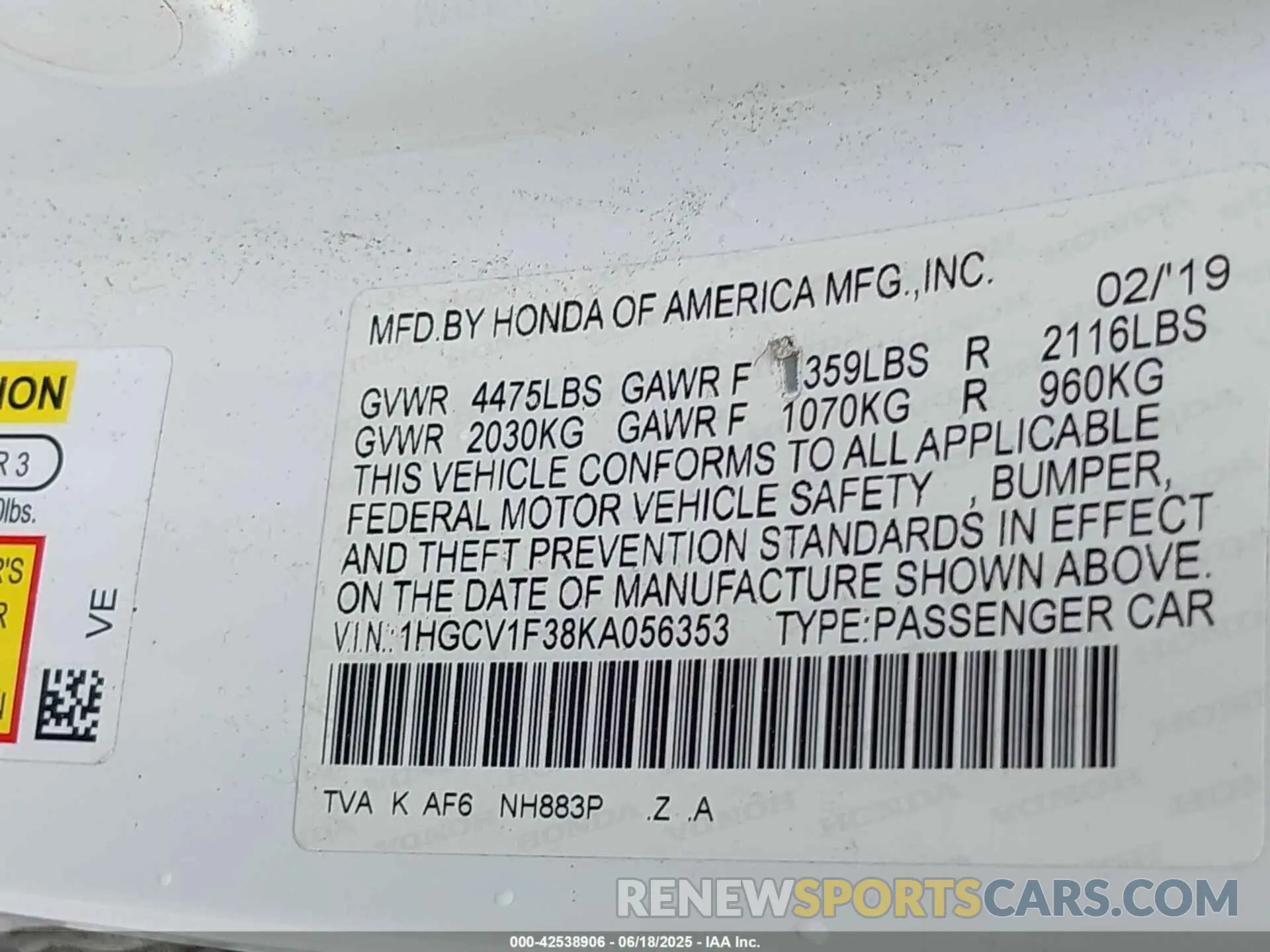 9 Photograph of a damaged car 1HGCV1F38KA056353 HONDA ACCORD 2019