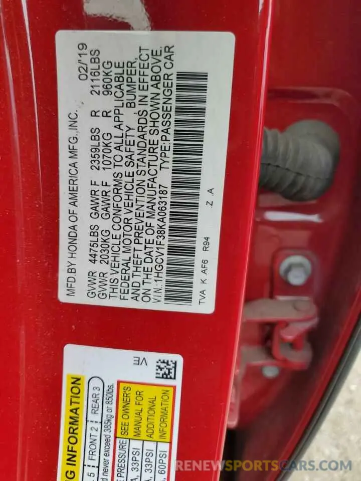 12 Photograph of a damaged car 1HGCV1F38KA063187 HONDA ACCORD 2019