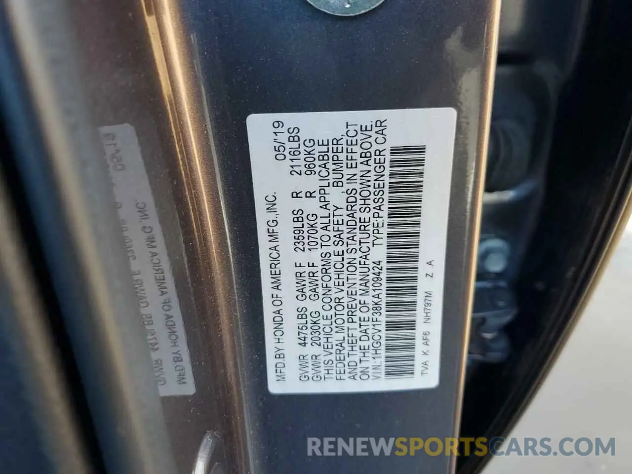 14 Photograph of a damaged car 1HGCV1F38KA109424 HONDA ACCORD 2019