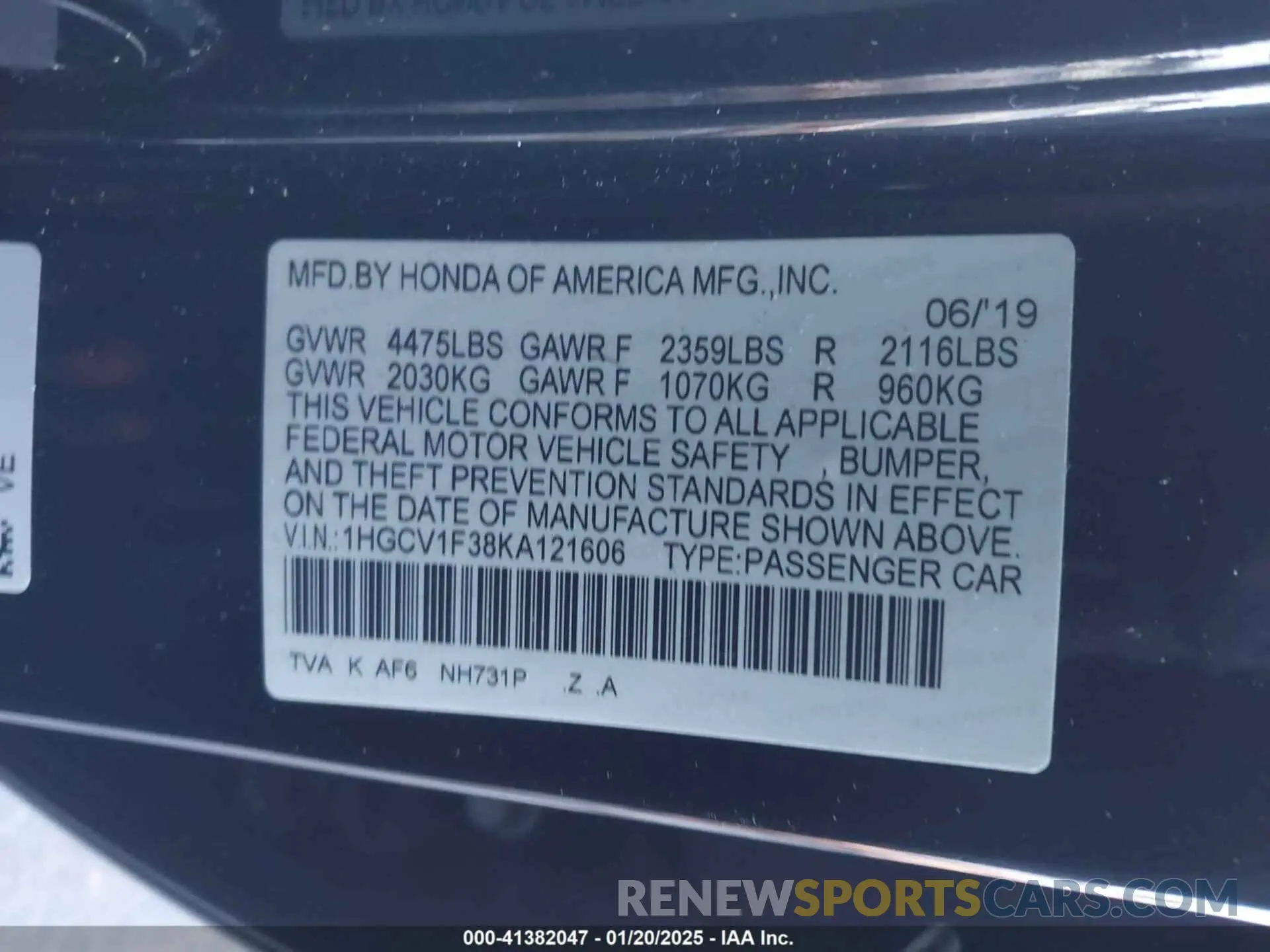 9 Photograph of a damaged car 1HGCV1F38KA121606 HONDA ACCORD 2019