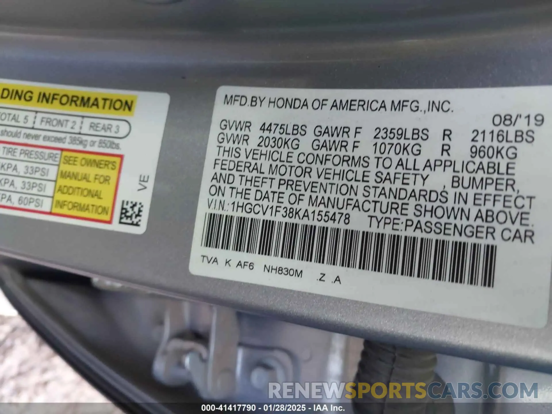 9 Photograph of a damaged car 1HGCV1F38KA155478 HONDA ACCORD 2019