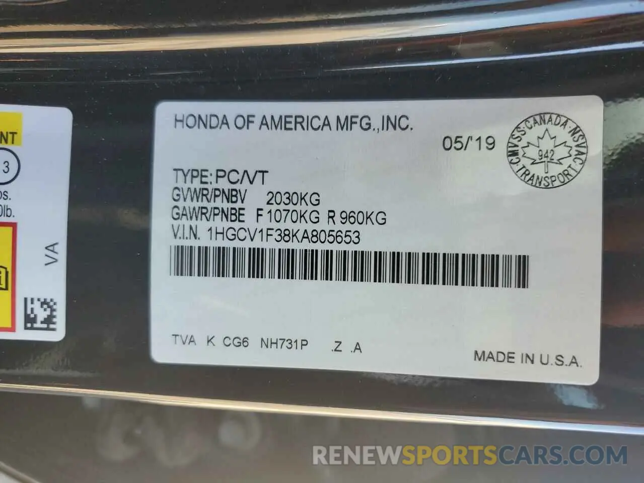 12 Photograph of a damaged car 1HGCV1F38KA805653 HONDA ACCORD 2019