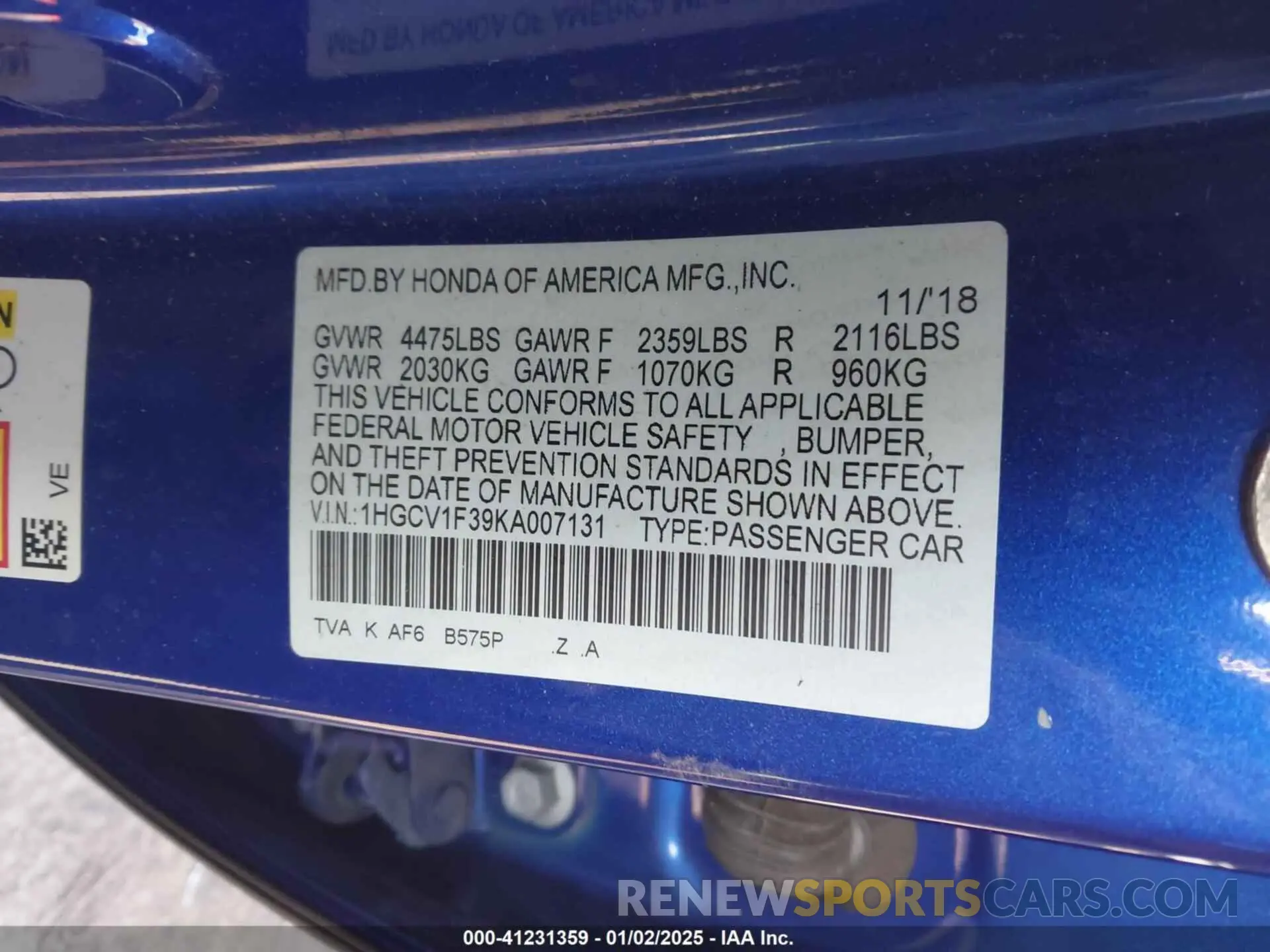 9 Photograph of a damaged car 1HGCV1F39KA007131 HONDA ACCORD 2019