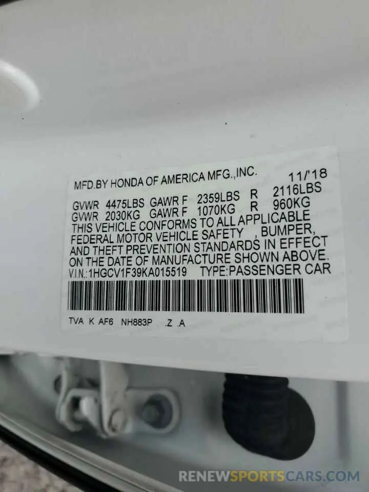 13 Photograph of a damaged car 1HGCV1F39KA015519 HONDA ACCORD 2019