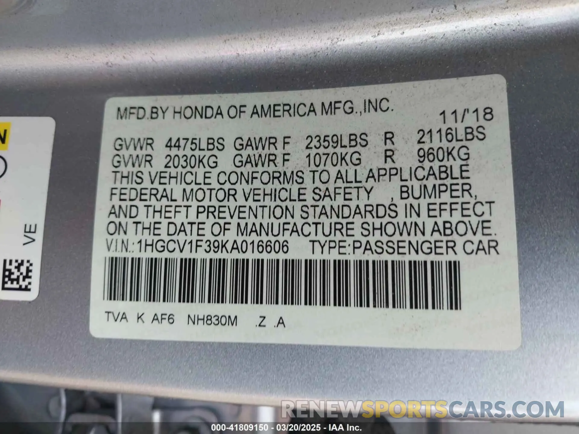 9 Photograph of a damaged car 1HGCV1F39KA016606 HONDA ACCORD 2019
