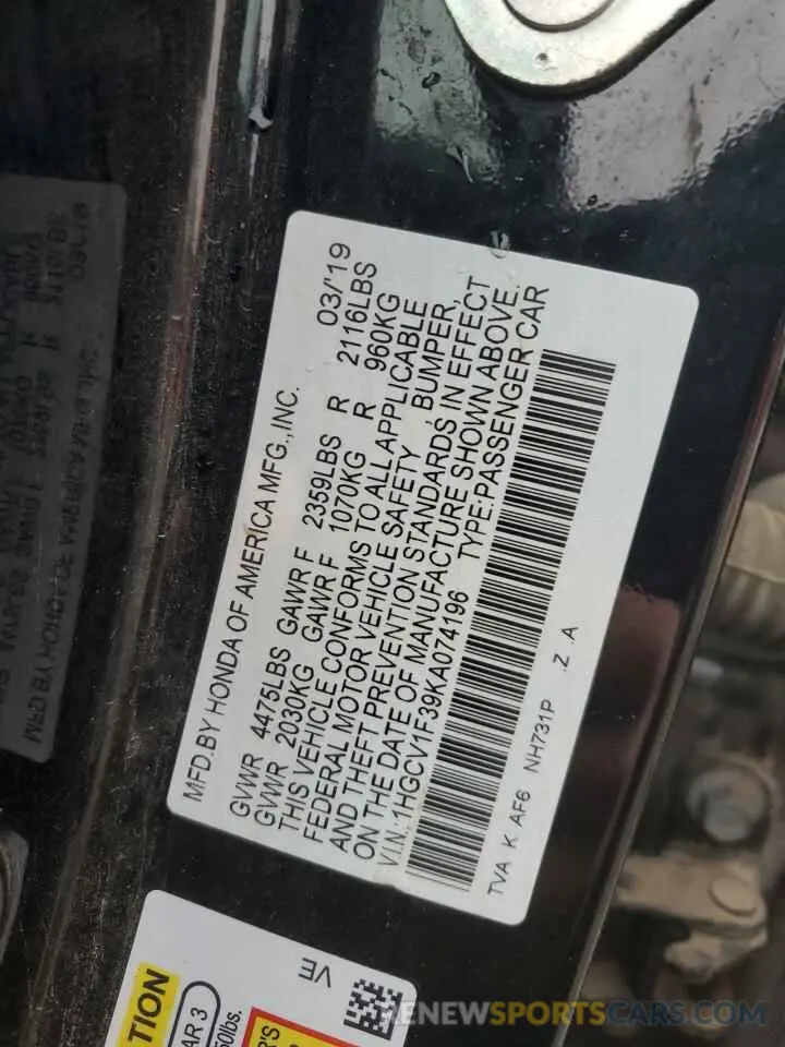 14 Photograph of a damaged car 1HGCV1F39KA074196 HONDA ACCORD 2019