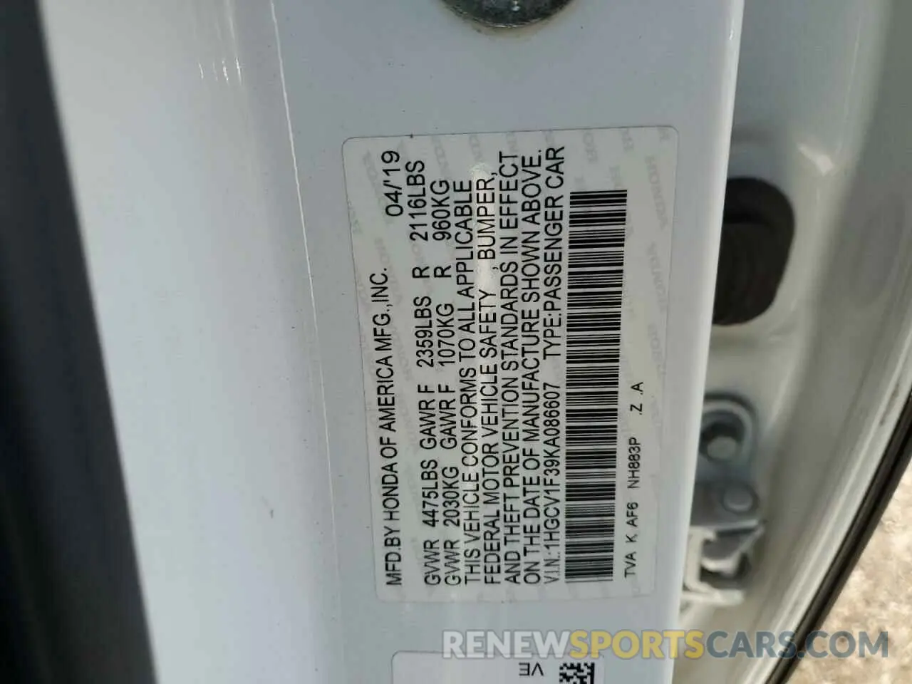 13 Photograph of a damaged car 1HGCV1F39KA086607 HONDA ACCORD 2019