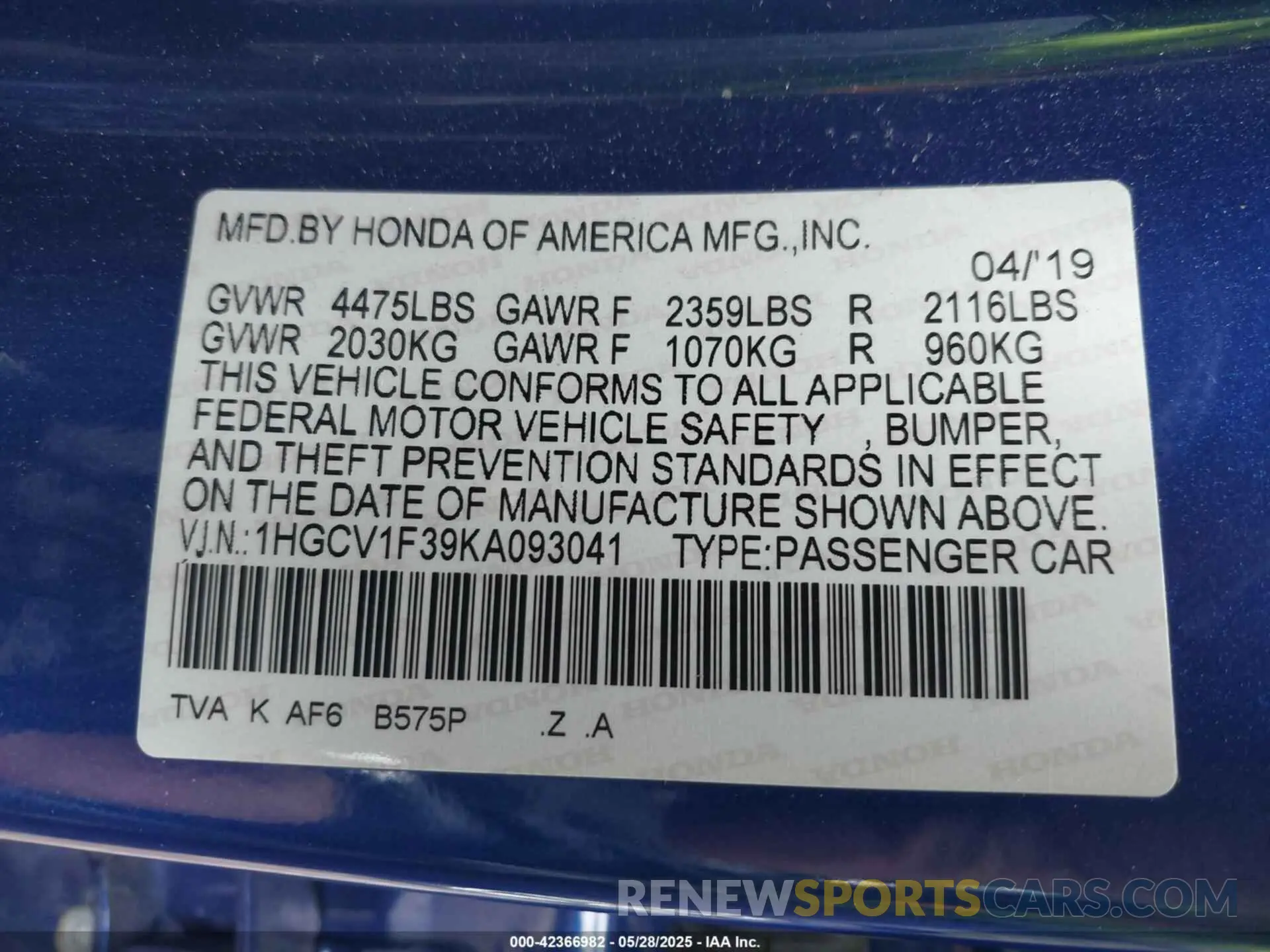 9 Photograph of a damaged car 1HGCV1F39KA093041 HONDA ACCORD 2019