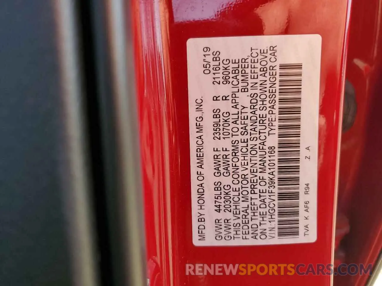 13 Photograph of a damaged car 1HGCV1F39KA101168 HONDA ACCORD 2019