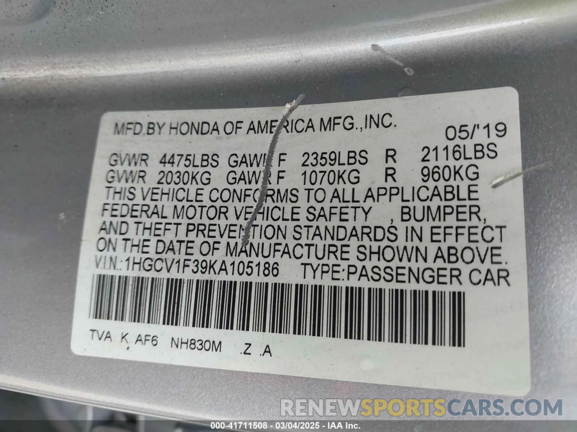 9 Photograph of a damaged car 1HGCV1F39KA105186 HONDA ACCORD 2019