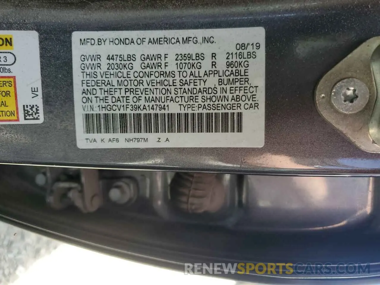 12 Photograph of a damaged car 1HGCV1F39KA147941 HONDA ACCORD 2019