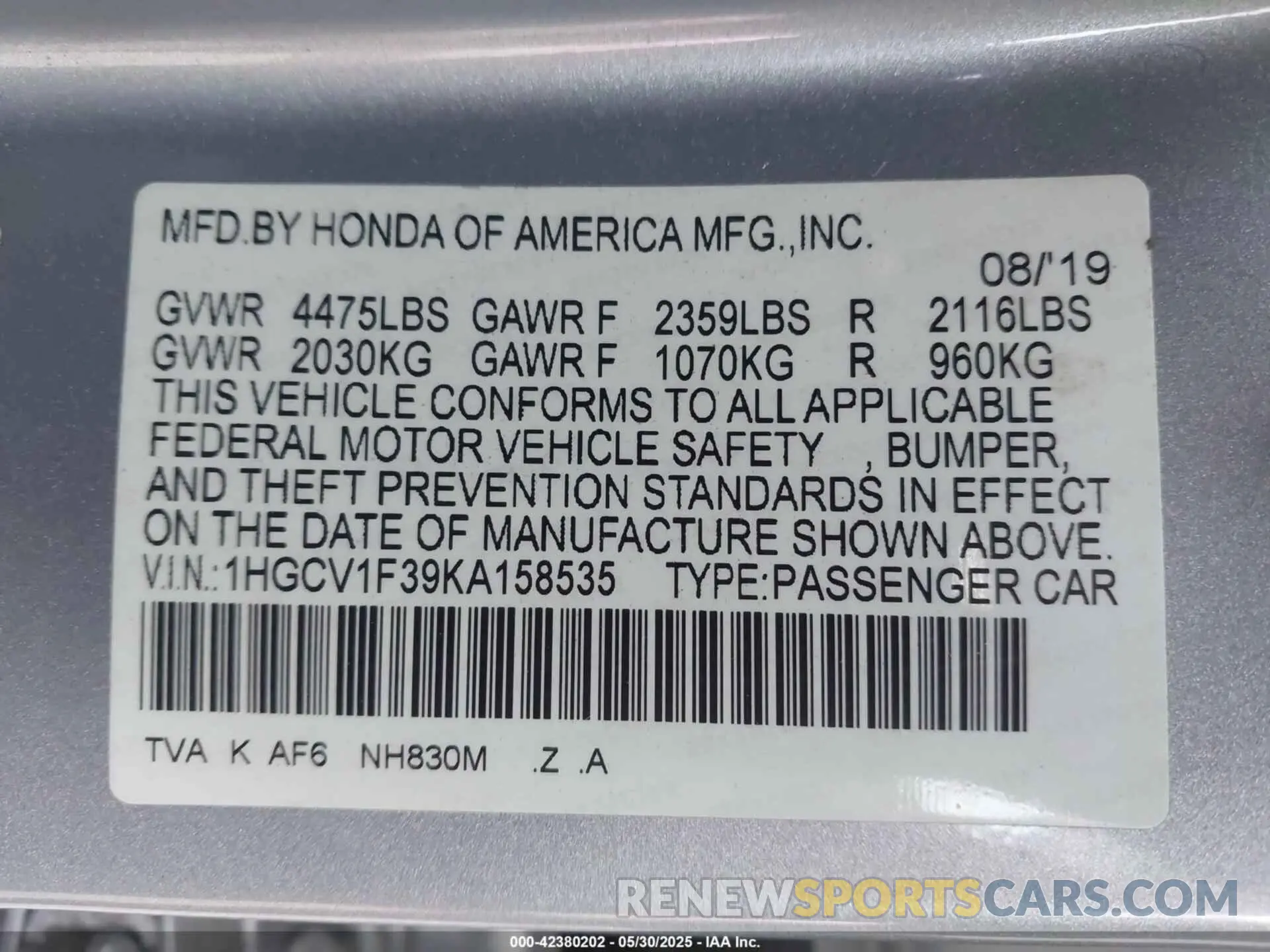9 Photograph of a damaged car 1HGCV1F39KA158535 HONDA ACCORD 2019