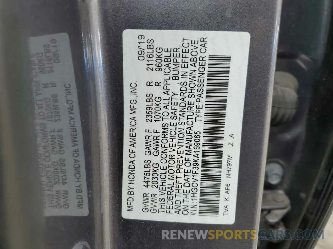 12 Photograph of a damaged car 1HGCV1F39KA169065 HONDA ACCORD 2019