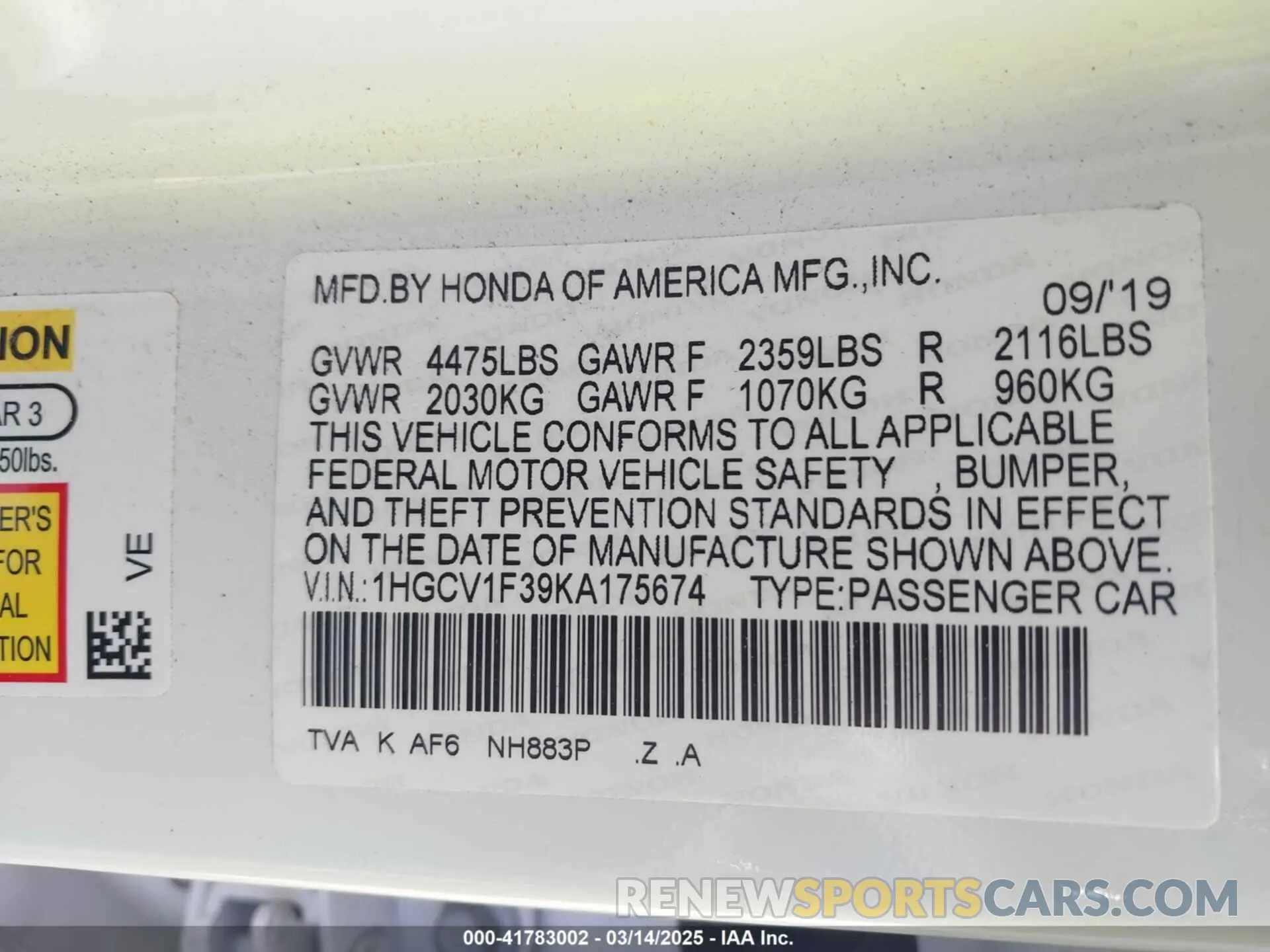 9 Photograph of a damaged car 1HGCV1F39KA175674 HONDA ACCORD 2019