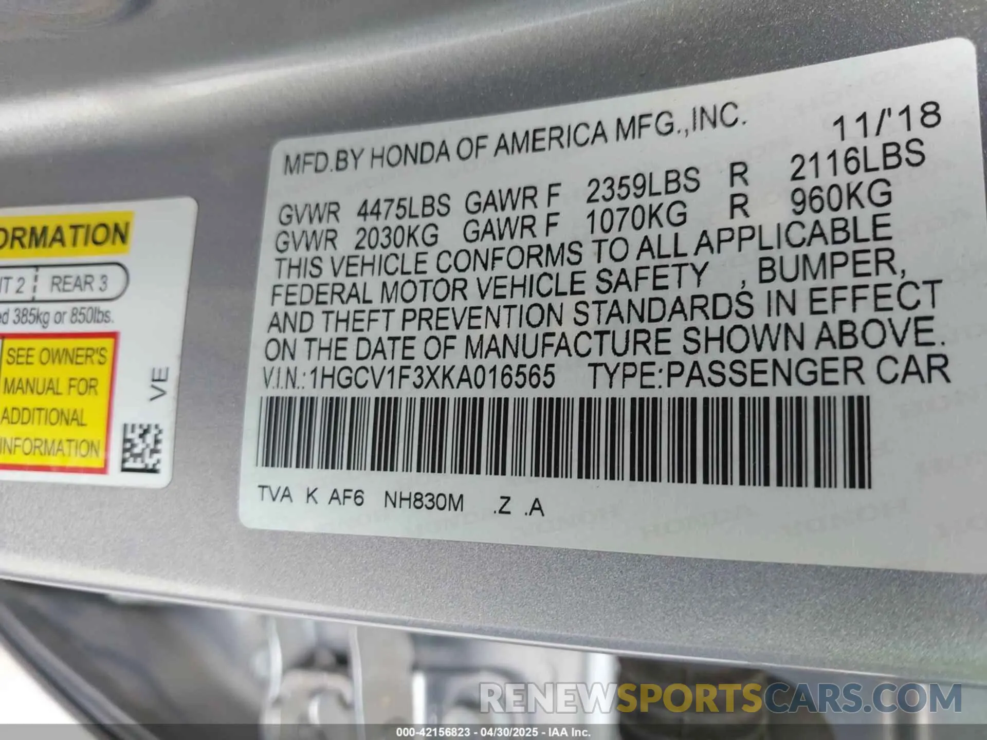 9 Photograph of a damaged car 1HGCV1F3XKA016565 HONDA ACCORD 2019