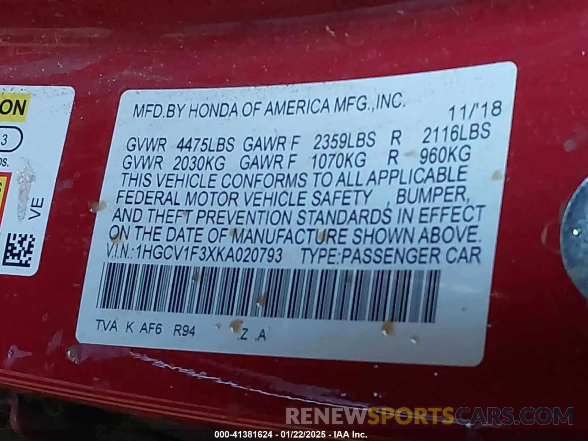 9 Photograph of a damaged car 1HGCV1F3XKA020793 HONDA ACCORD 2019