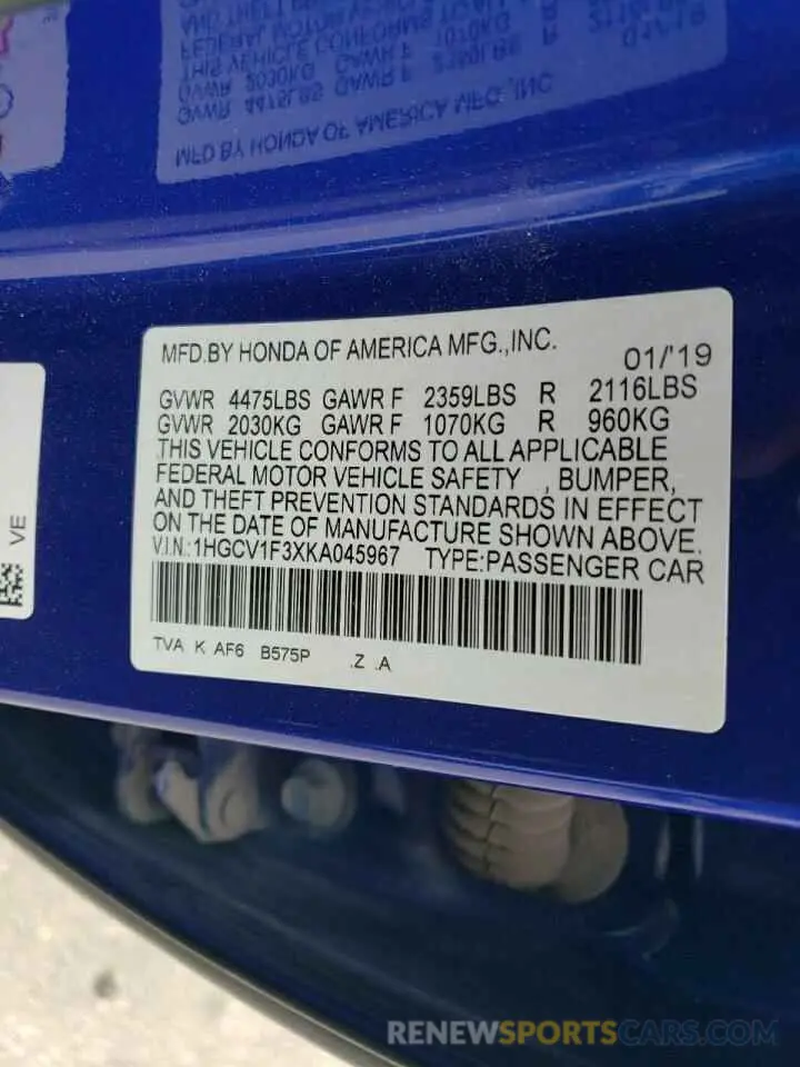 13 Photograph of a damaged car 1HGCV1F3XKA045967 HONDA ACCORD 2019