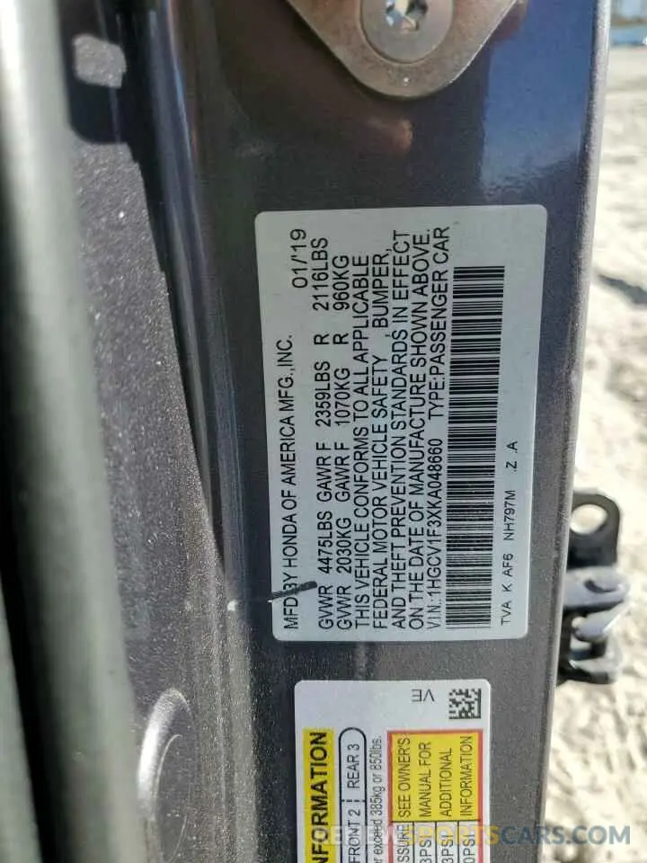 12 Photograph of a damaged car 1HGCV1F3XKA048660 HONDA ACCORD 2019