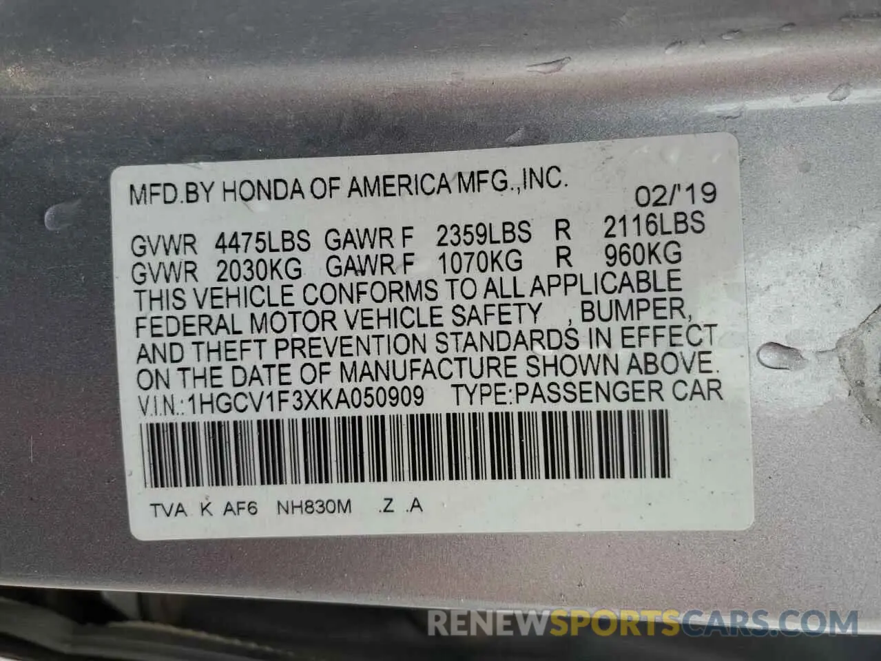 12 Photograph of a damaged car 1HGCV1F3XKA050909 HONDA ACCORD 2019