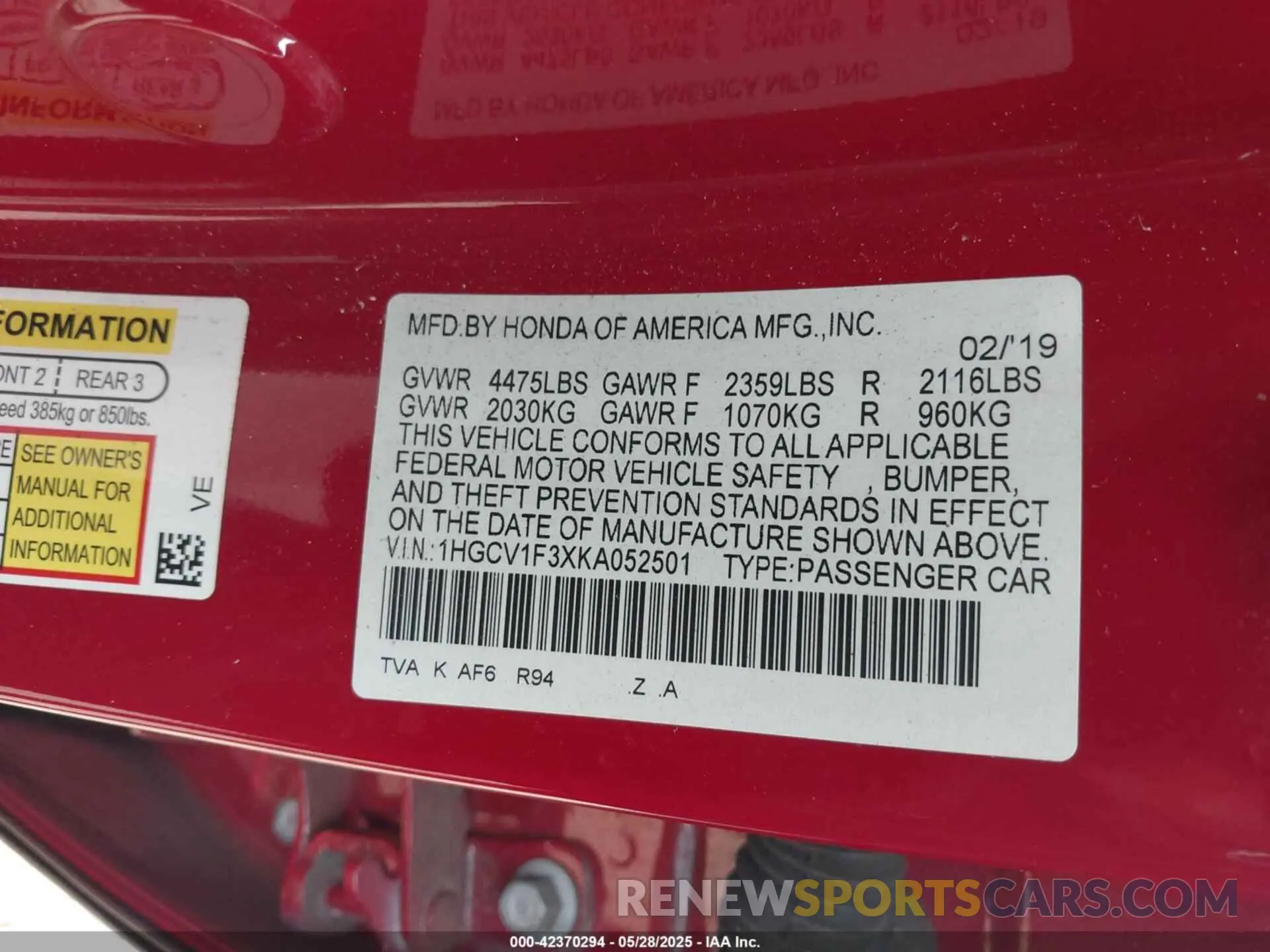 9 Photograph of a damaged car 1HGCV1F3XKA052501 HONDA ACCORD 2019