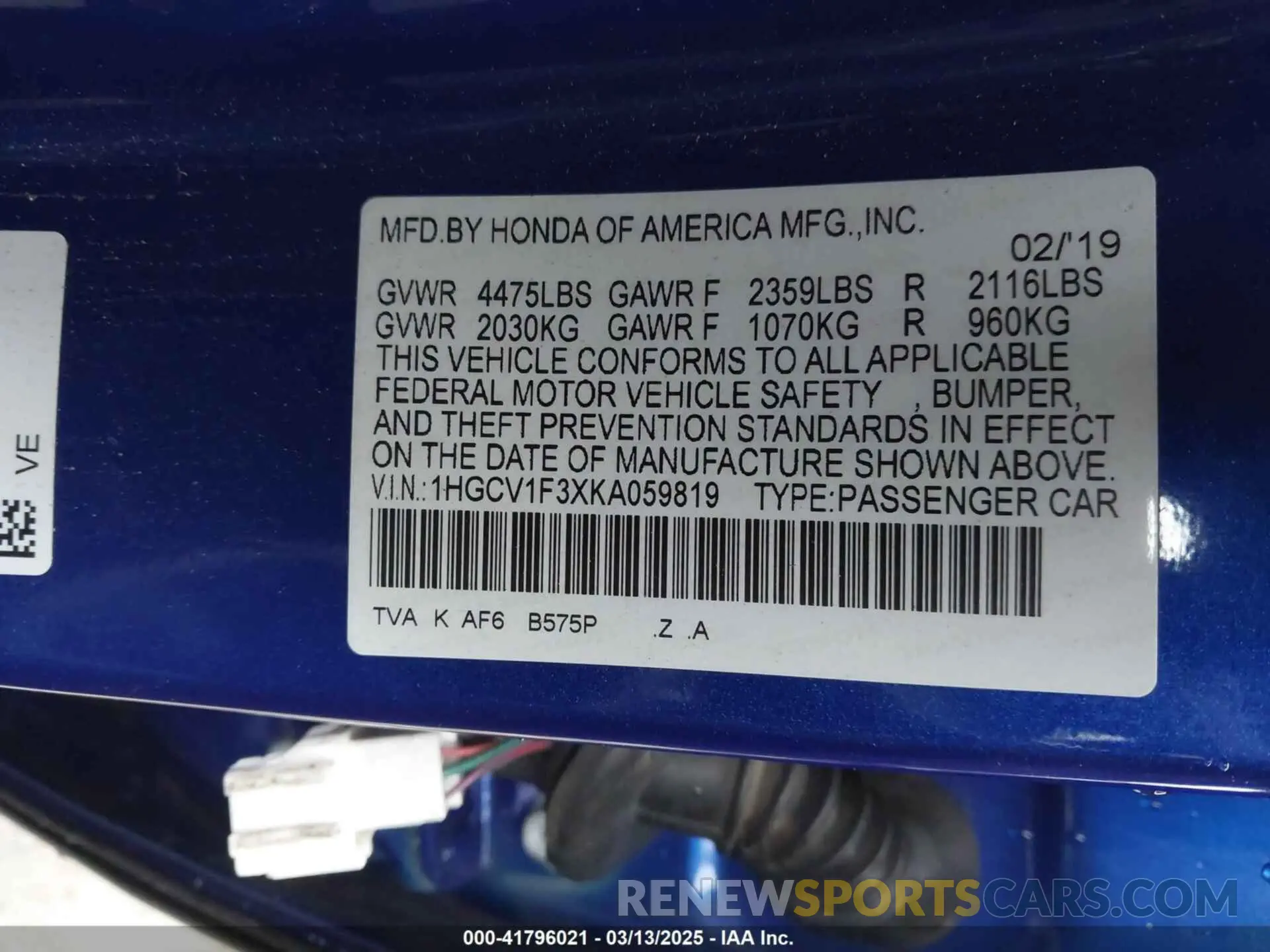 9 Photograph of a damaged car 1HGCV1F3XKA059819 HONDA ACCORD 2019