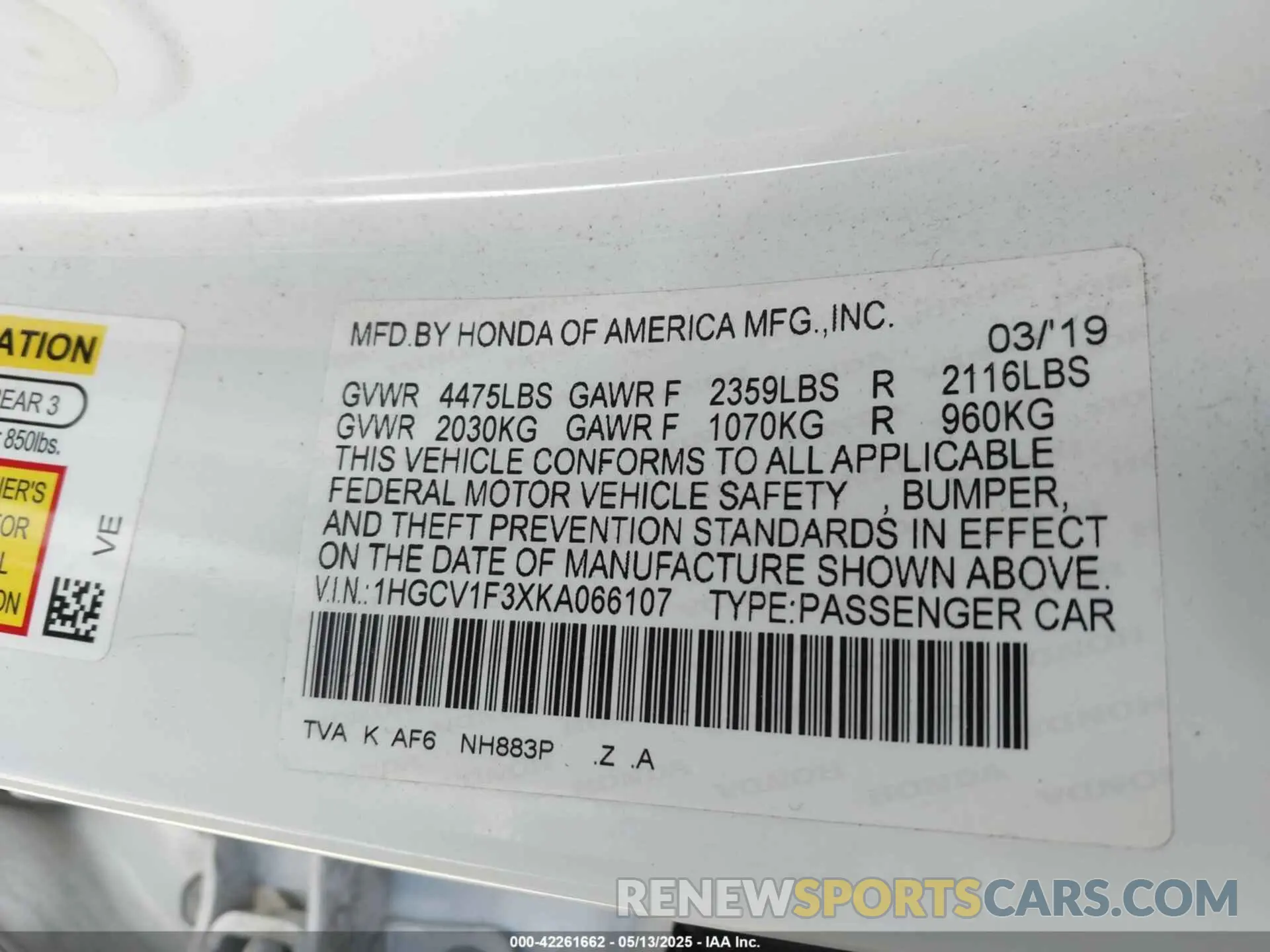 9 Photograph of a damaged car 1HGCV1F3XKA066107 HONDA ACCORD 2019