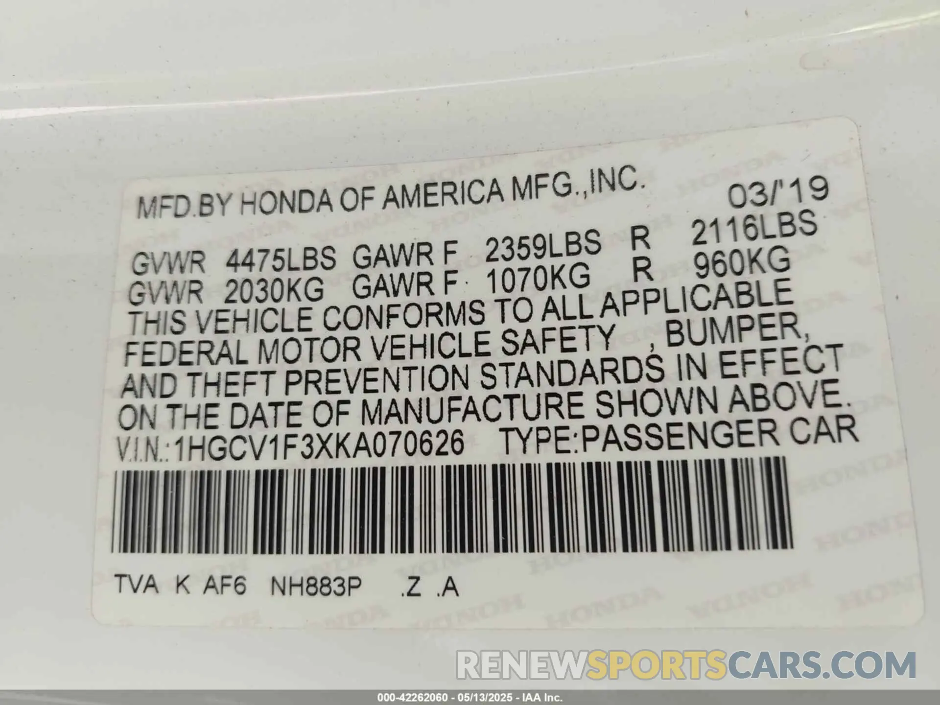 9 Photograph of a damaged car 1HGCV1F3XKA070626 HONDA ACCORD 2019