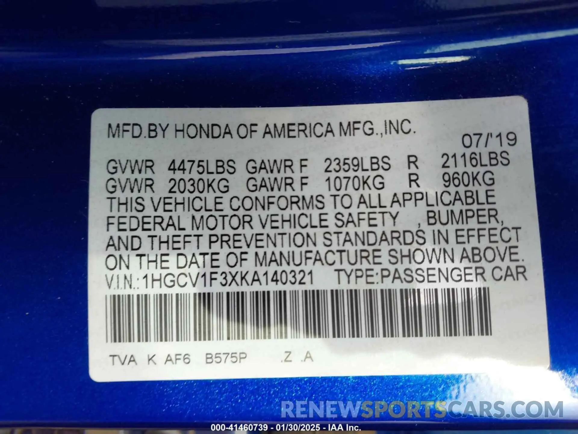 9 Photograph of a damaged car 1HGCV1F3XKA140321 HONDA ACCORD 2019