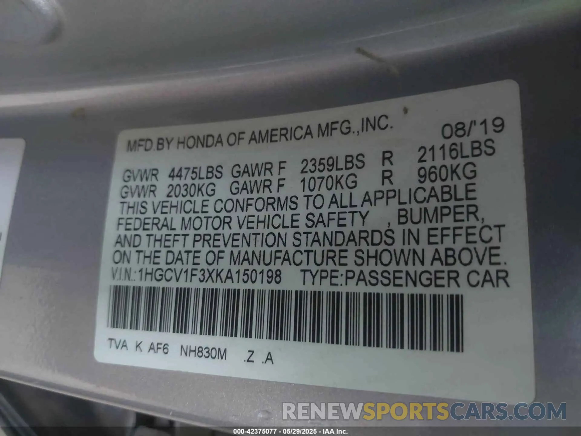 9 Photograph of a damaged car 1HGCV1F3XKA150198 HONDA ACCORD 2019