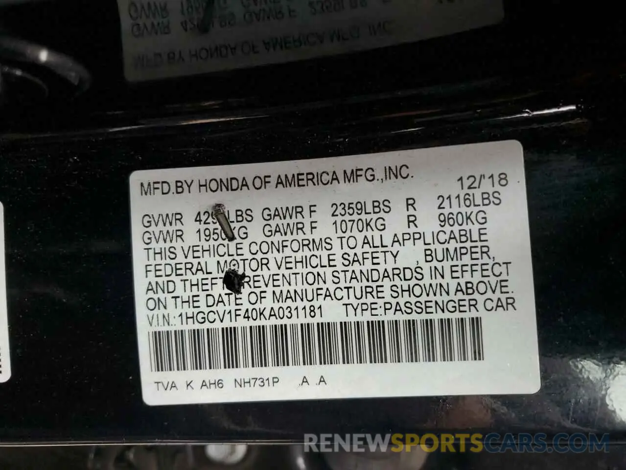12 Photograph of a damaged car 1HGCV1F40KA031181 HONDA ACCORD 2019