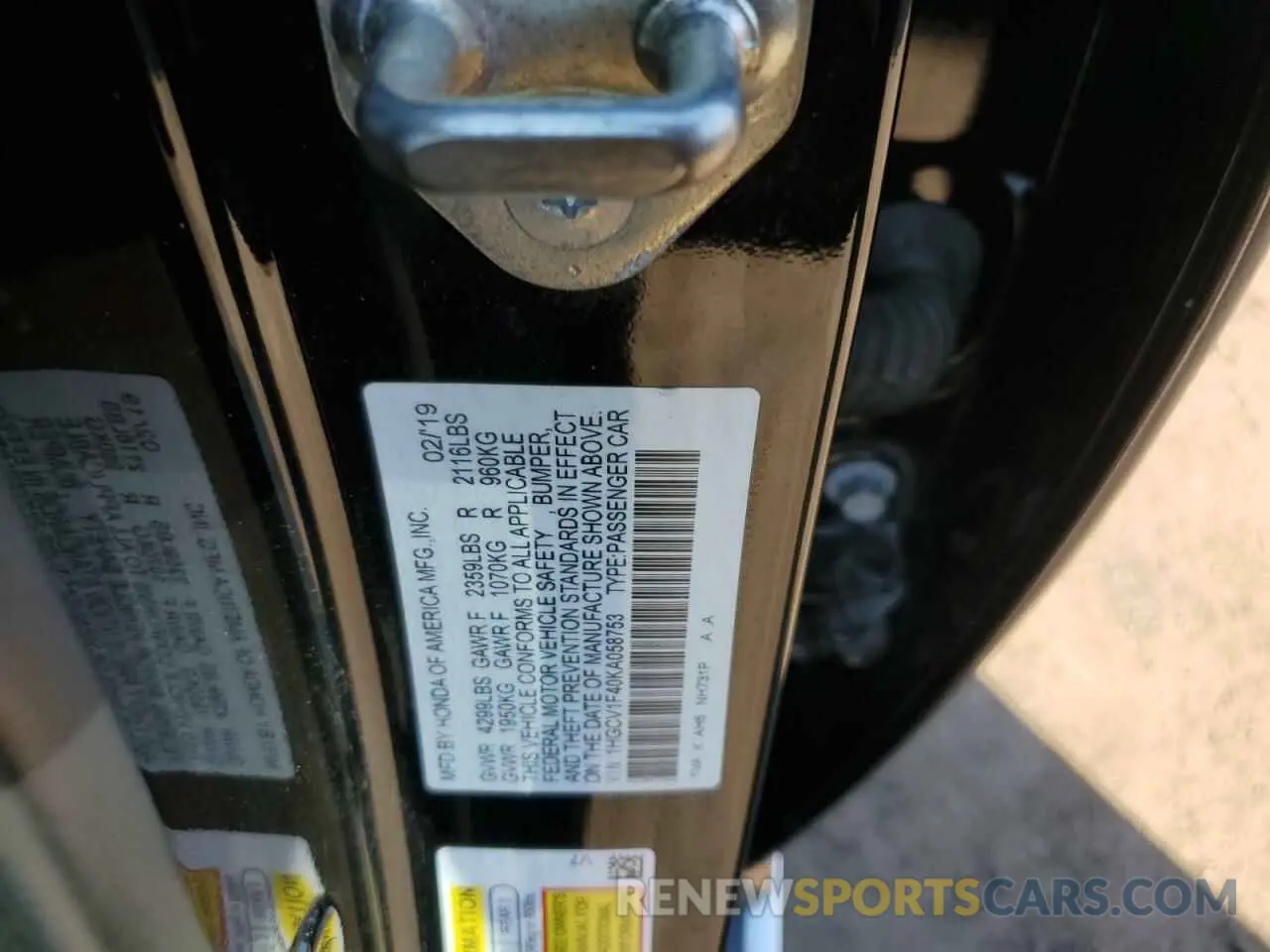 14 Photograph of a damaged car 1HGCV1F40KA058753 HONDA ACCORD 2019