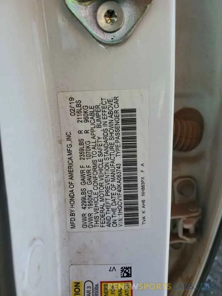 14 Photograph of a damaged car 1HGCV1F40KA063743 HONDA ACCORD 2019